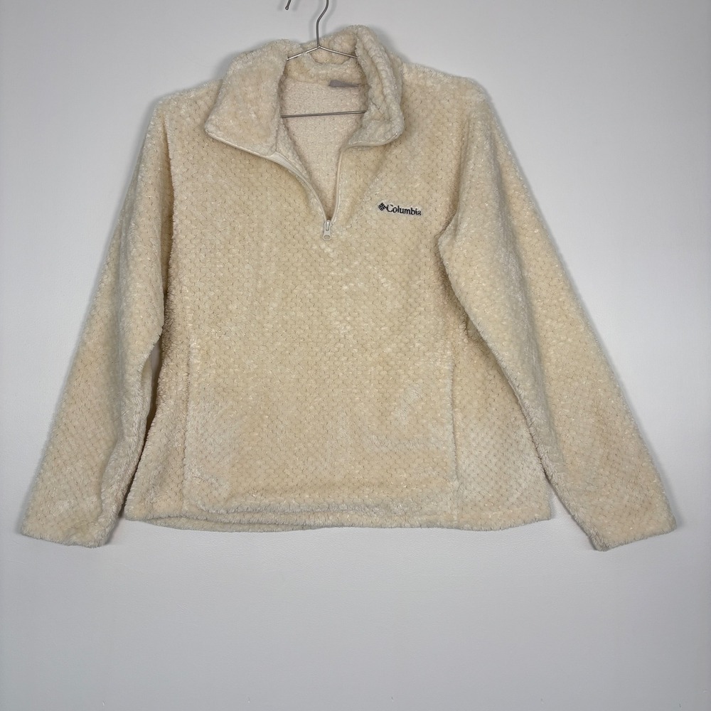 Columbia Womens Pullover Fleece Large Cream Sherpa Quarter Zip Mock Neck XL0977